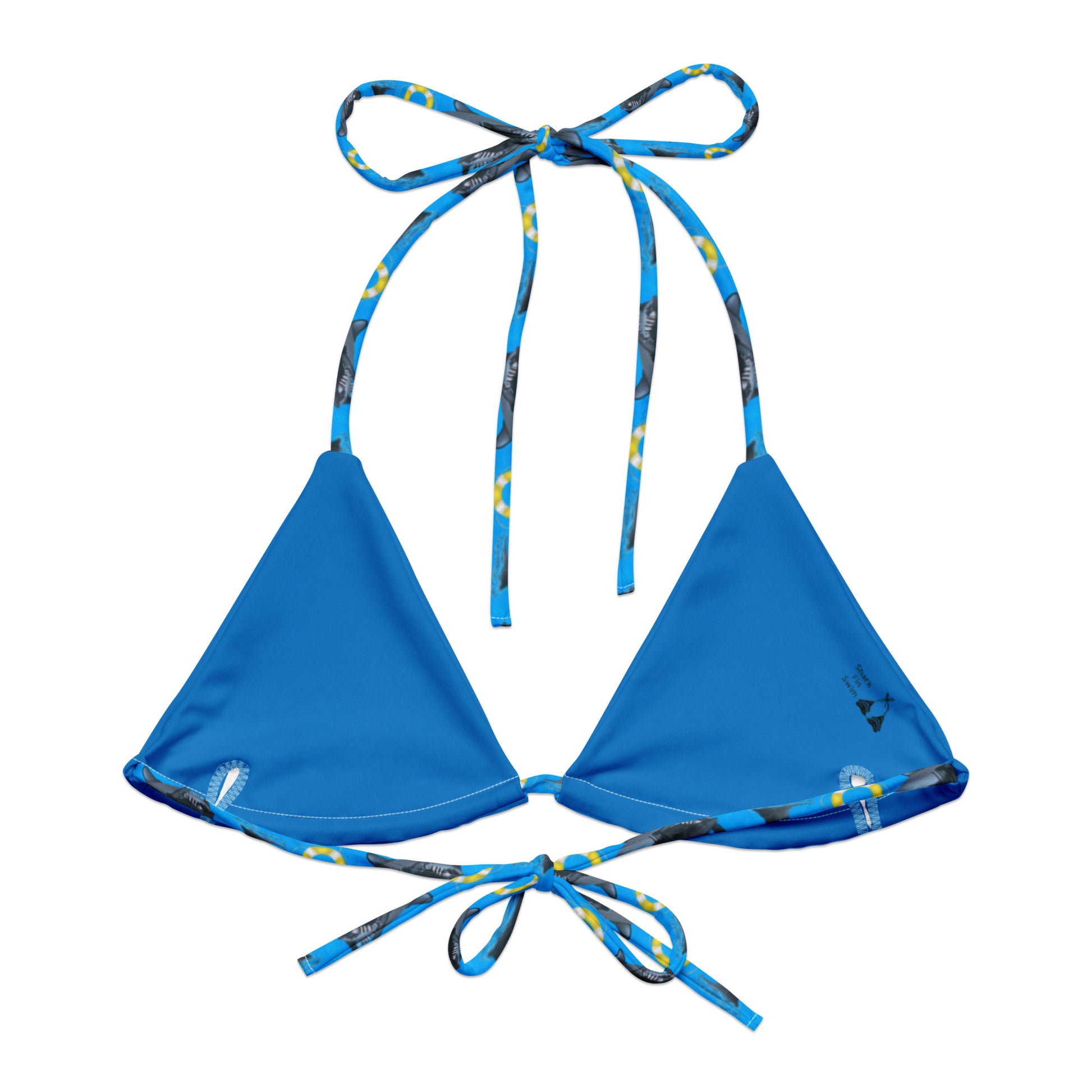 Blue great white shark bikini top with yellow floaties With blue inside lining 