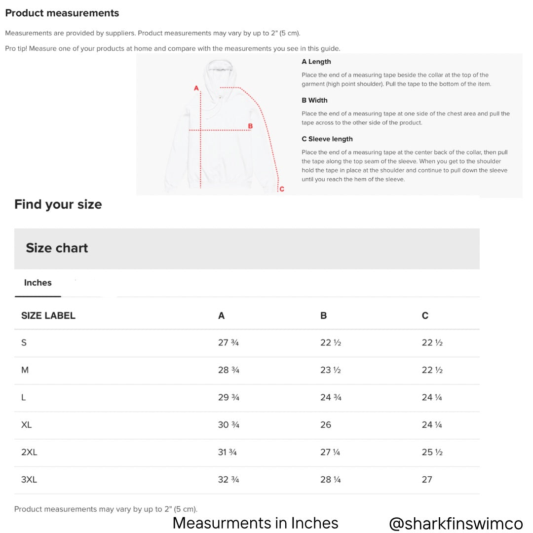 Product measurement guide and size chart for a garment, showing a measurement diagram with labeled points A, B, and C, plus a size chart table in inches with labels S through 3XL.