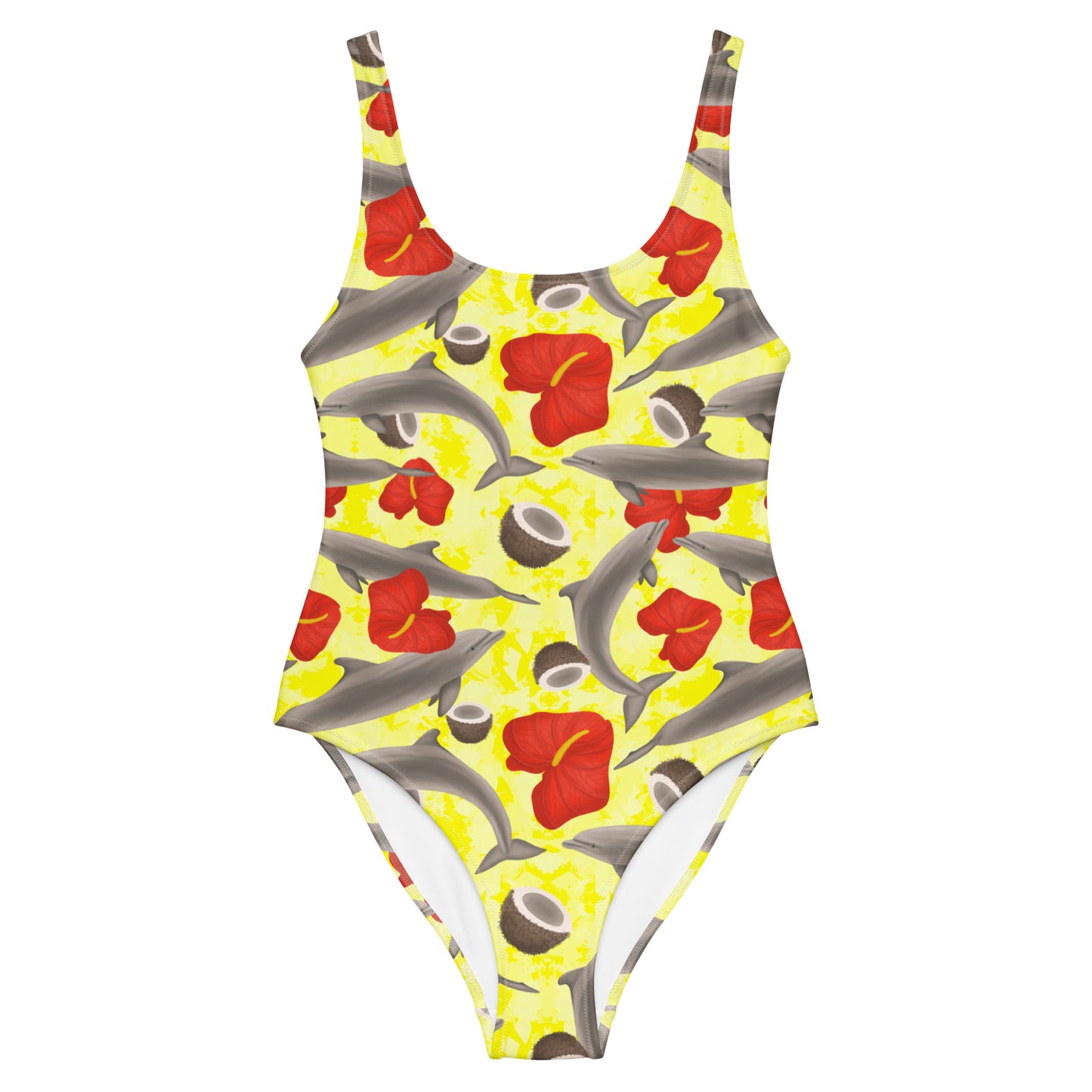 Yellow one piece swimsuit with dolphins and red flowers