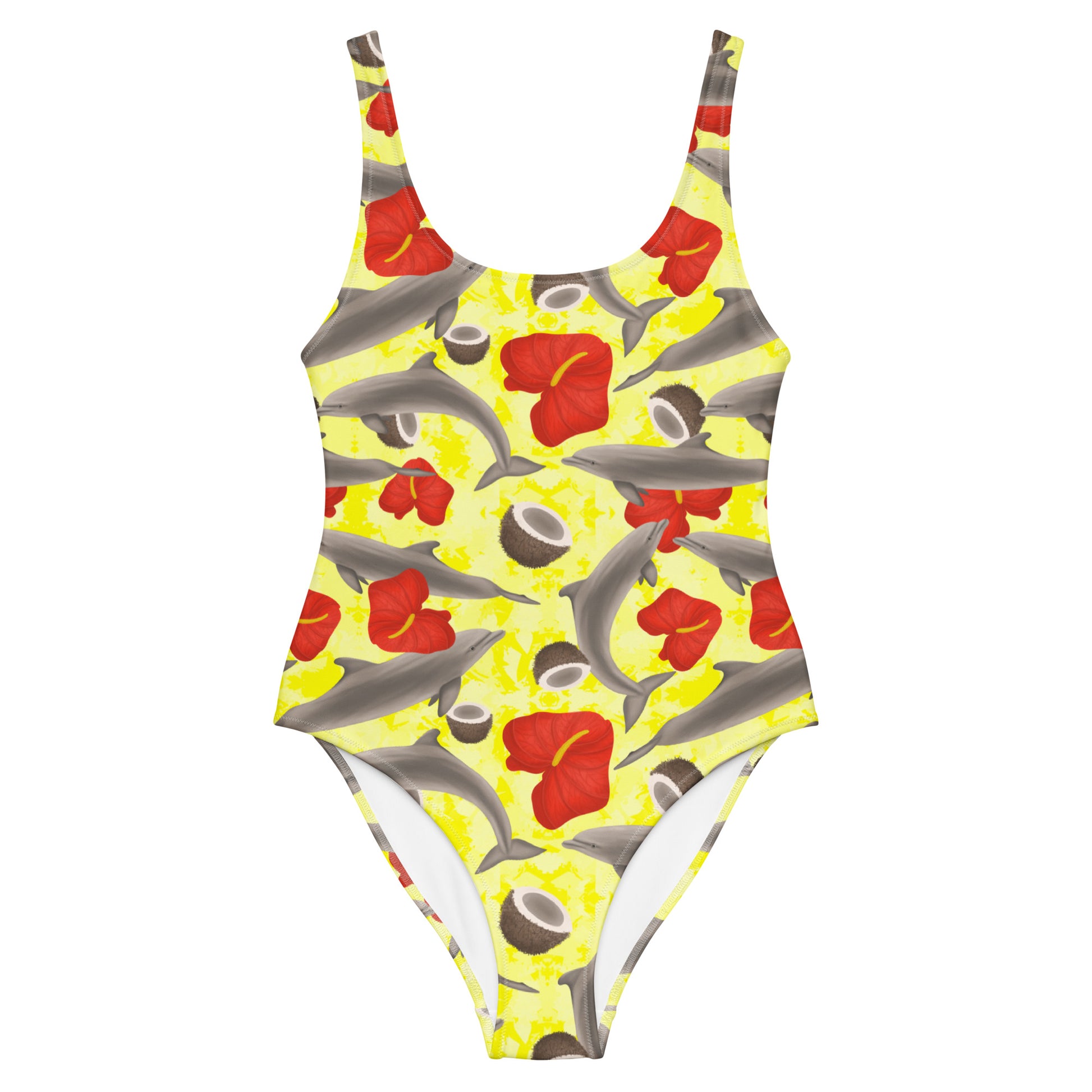 Yellow one piece swimsuit with dolphins and red flowers
