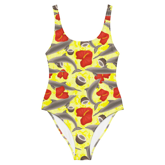 Yellow one piece swimsuit with dolphins and red flowers