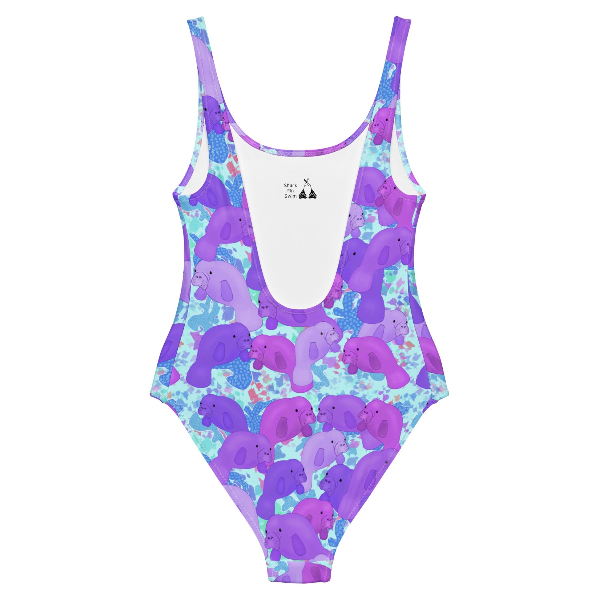Blue one piece swimsuit with purple manatees 