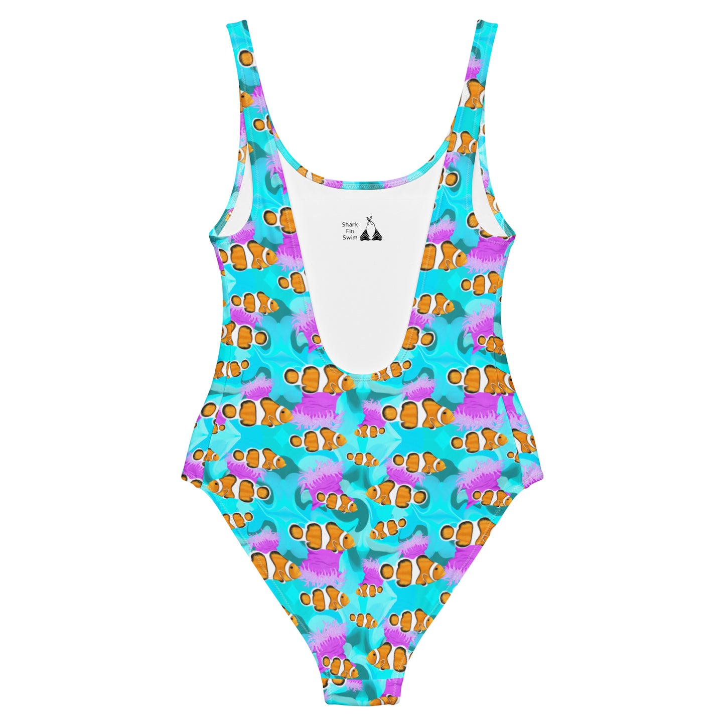 Blue clownfish one piece swimsuit with pink anemones 