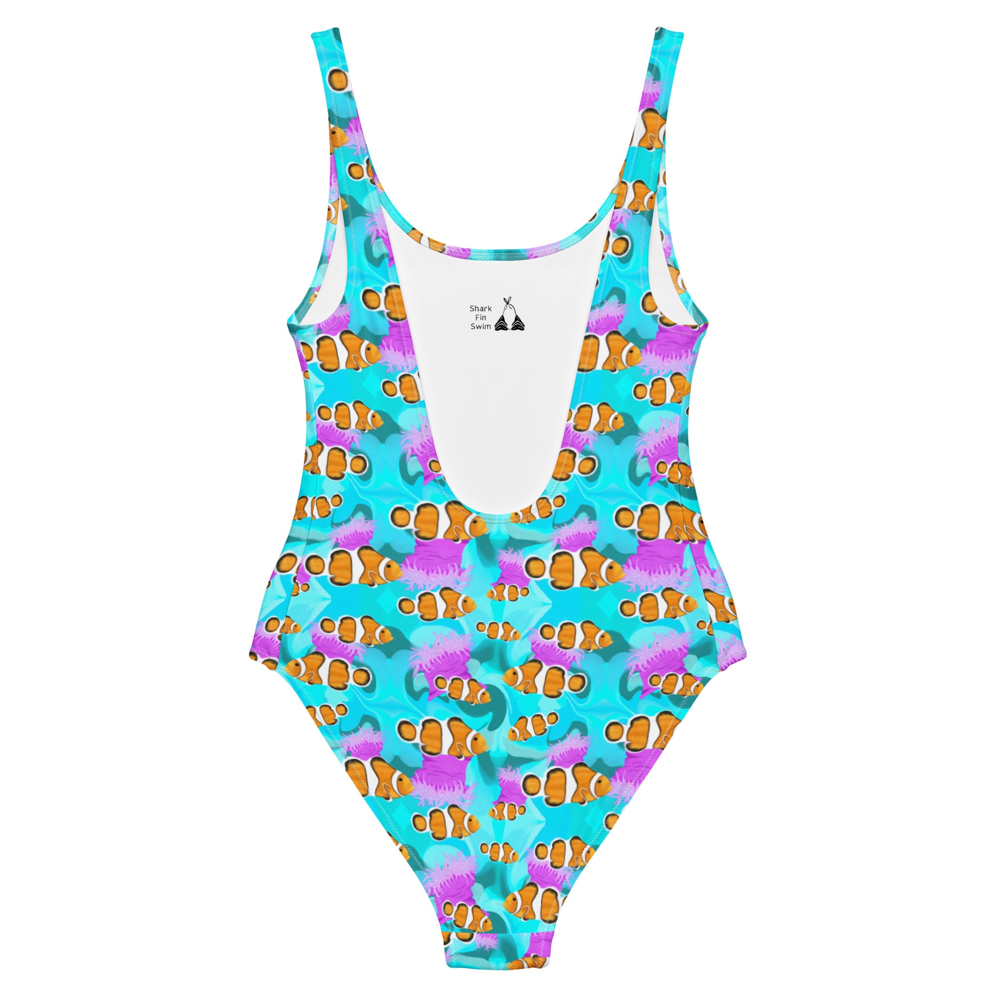 Blue clownfish one piece swimsuit with pink anemones 