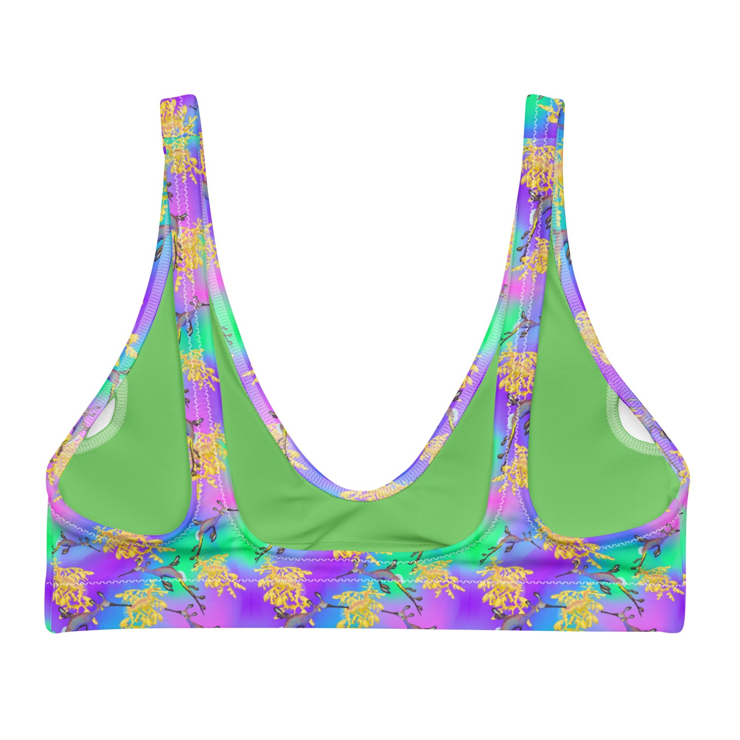 Green and purple bikini top with sea dragons 