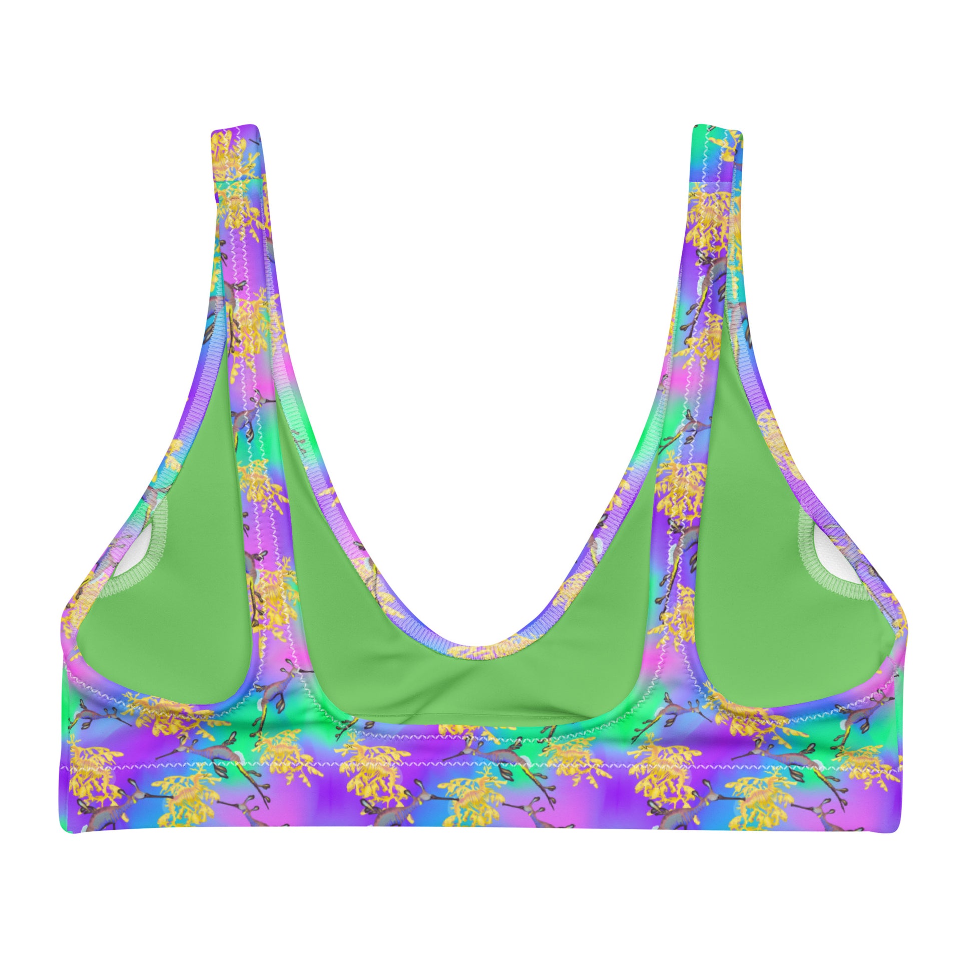 Green and purple bikini top with sea dragons 