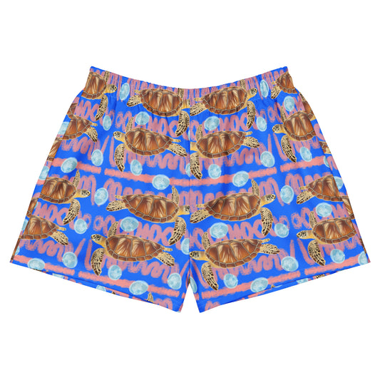 Royal blue and peachy background with sea turtles and moon jellyfish. Unisex shorts 