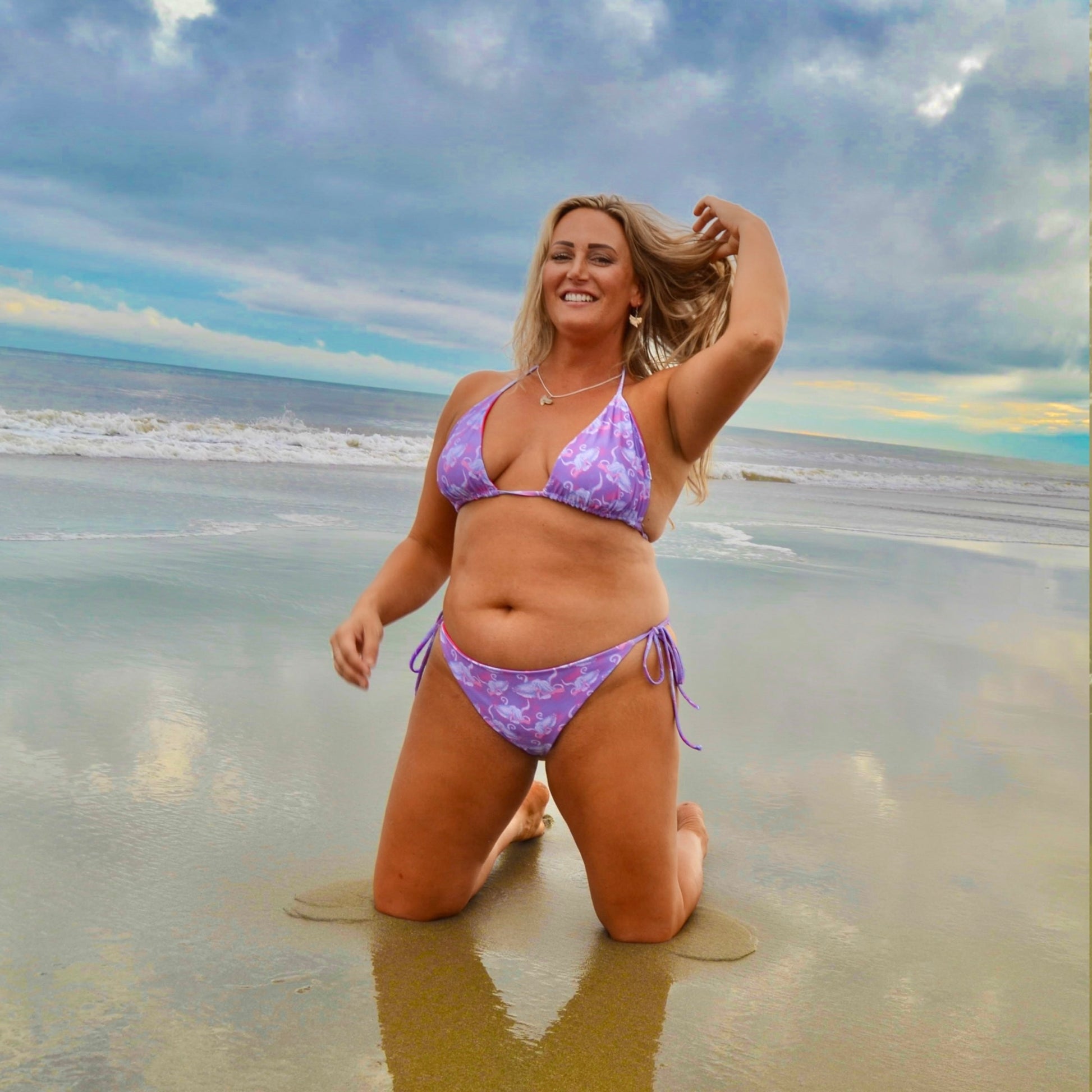 Purple and hot pink colorful octopus eco string bikini top