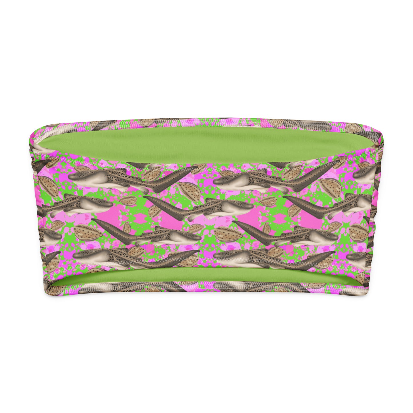 Bandeau bikini top zebra sharks and leopard cowries with a green and pink pattern 