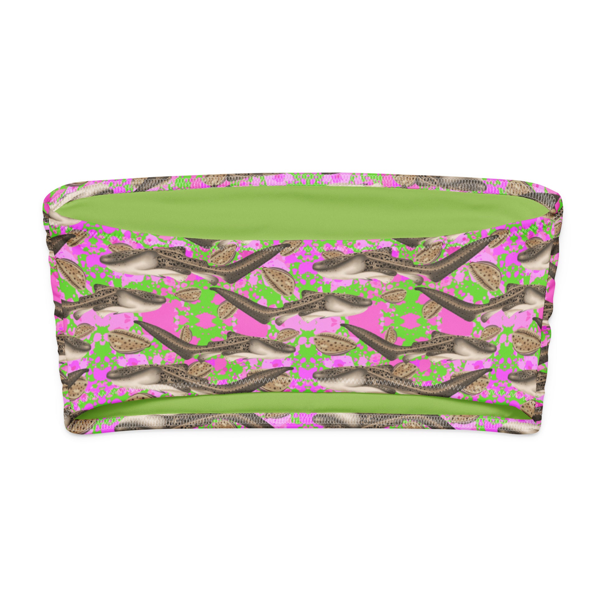 Bandeau bikini top zebra sharks and leopard cowries with a green and pink pattern 