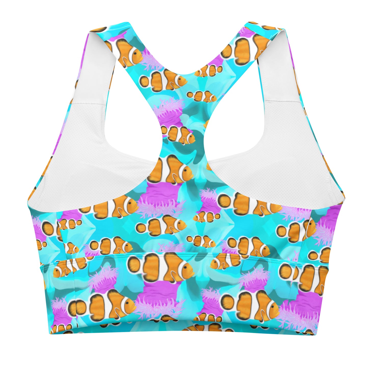 Blue clownfish sports bra with pink anemones 