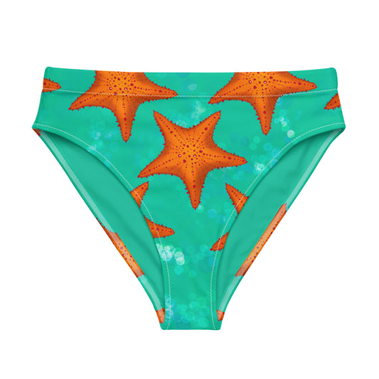 Green bikini bottom with orange starfish pattern on a white background