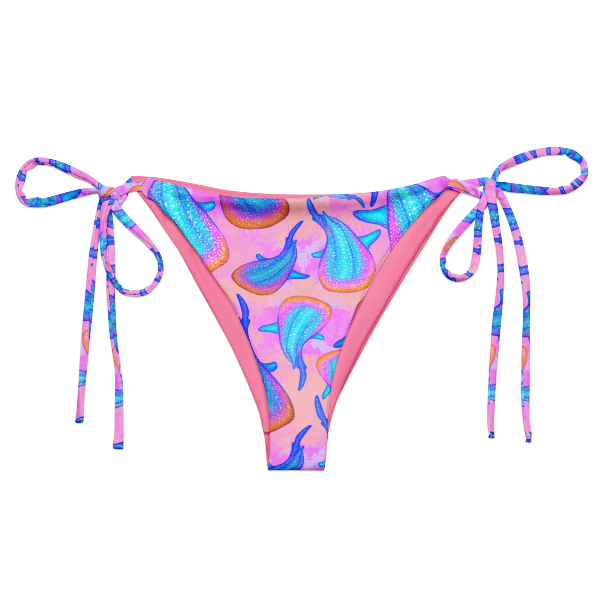 Rainbow whale sharks on a pink and purple tie dye background eco string bikini bottom