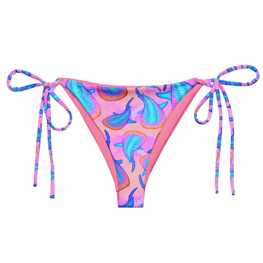 Rainbow whale sharks on a pink and purple tie dye background eco string bikini bottom