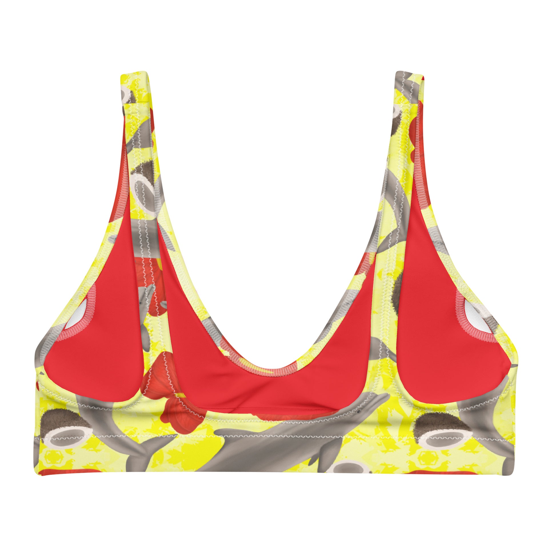 Yellow bikini top with dolphins and red flowers 