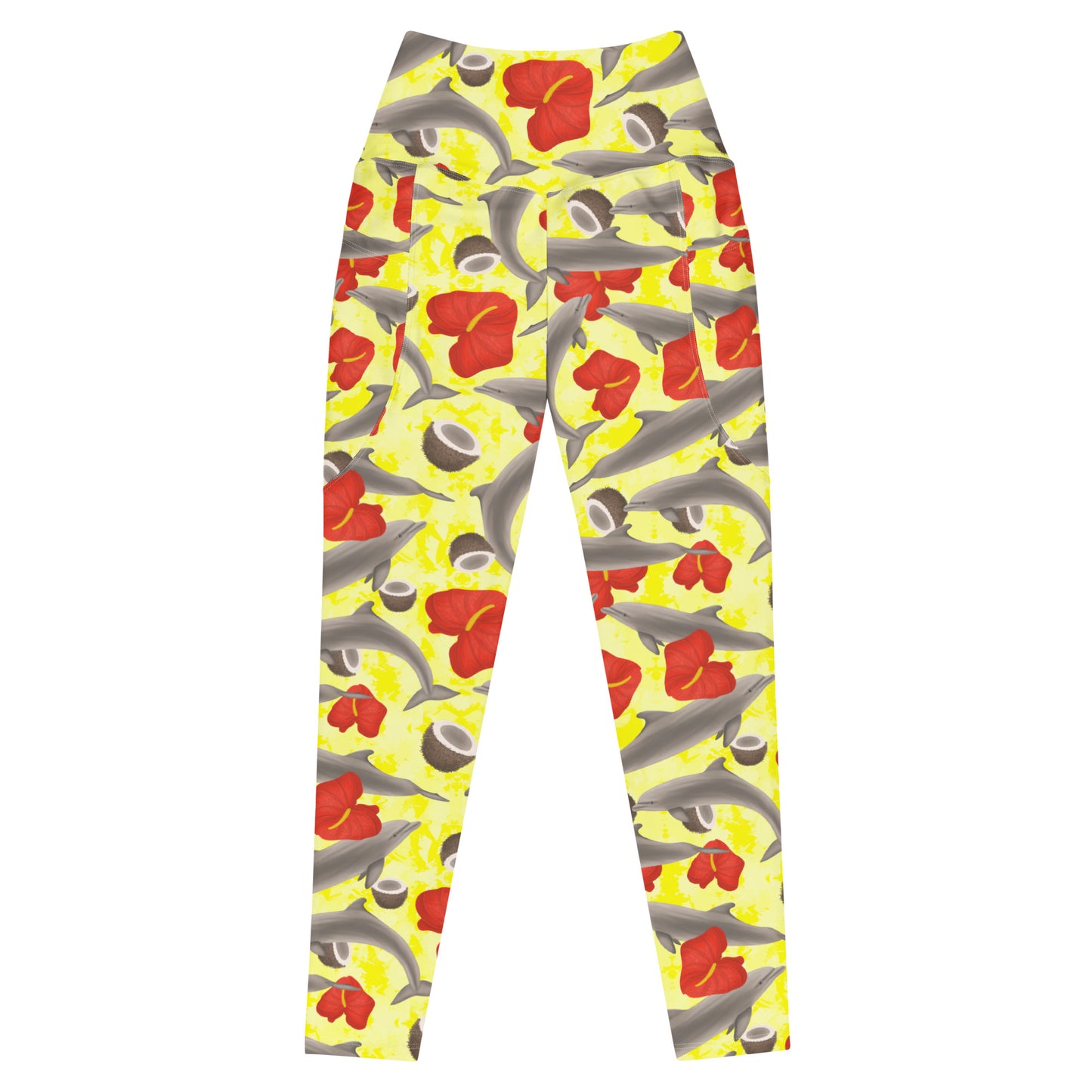 Leggings with dolphin and flower pattern on a white background