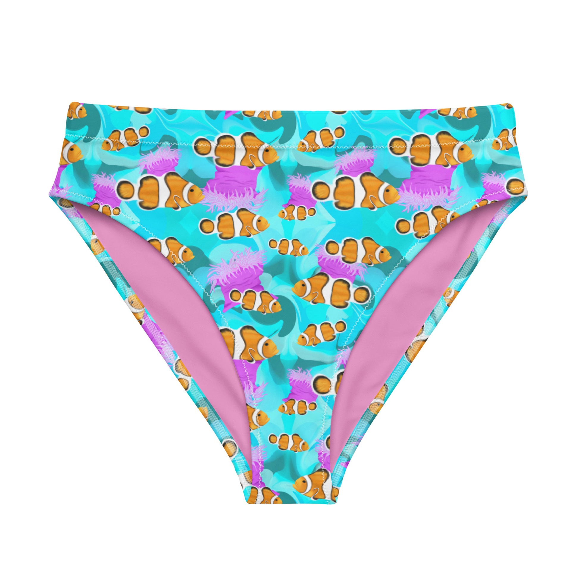 Blue and pink high waisted bikini bottom with clownfish and anemones 