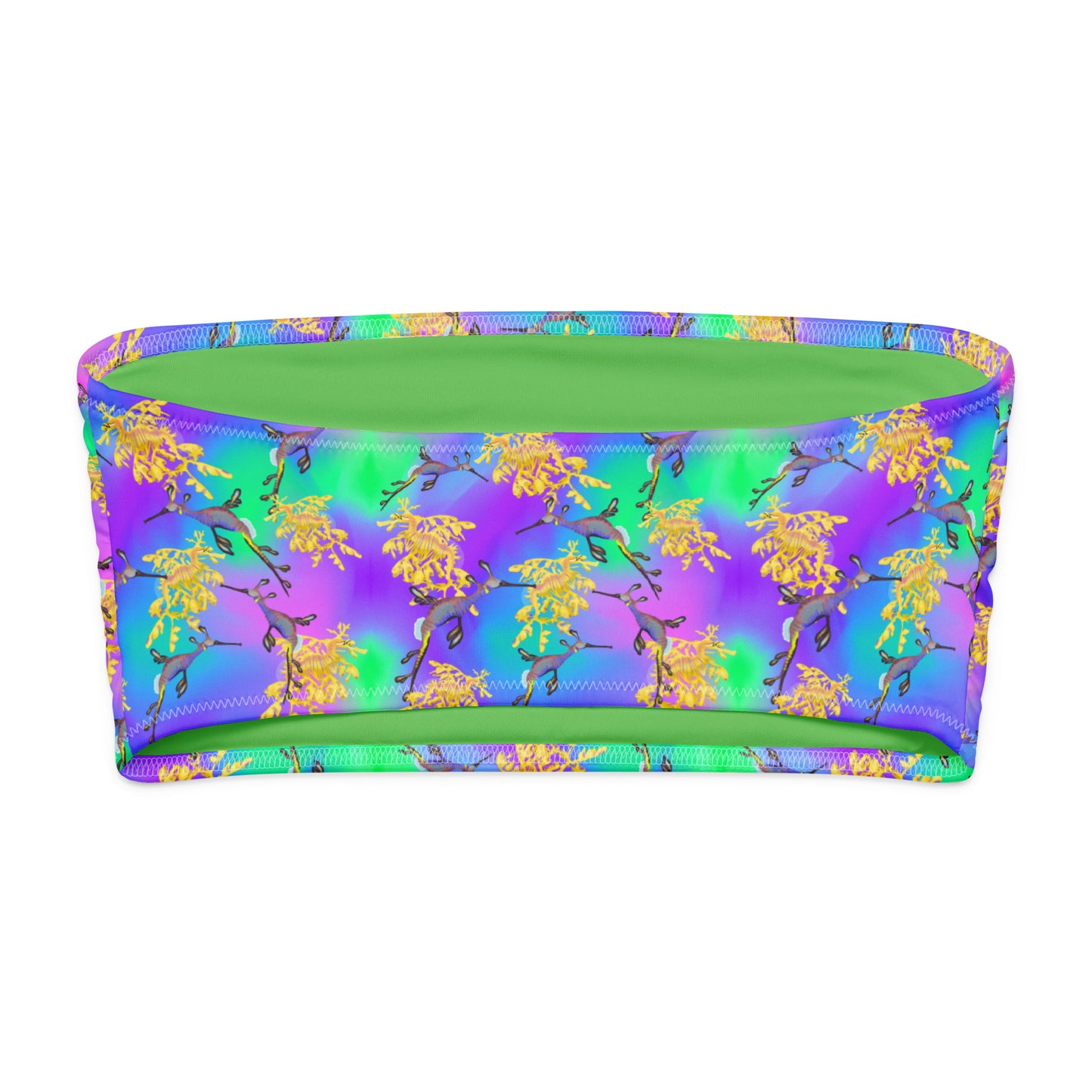 Bandeau bikini top green and purple background with sea dragons