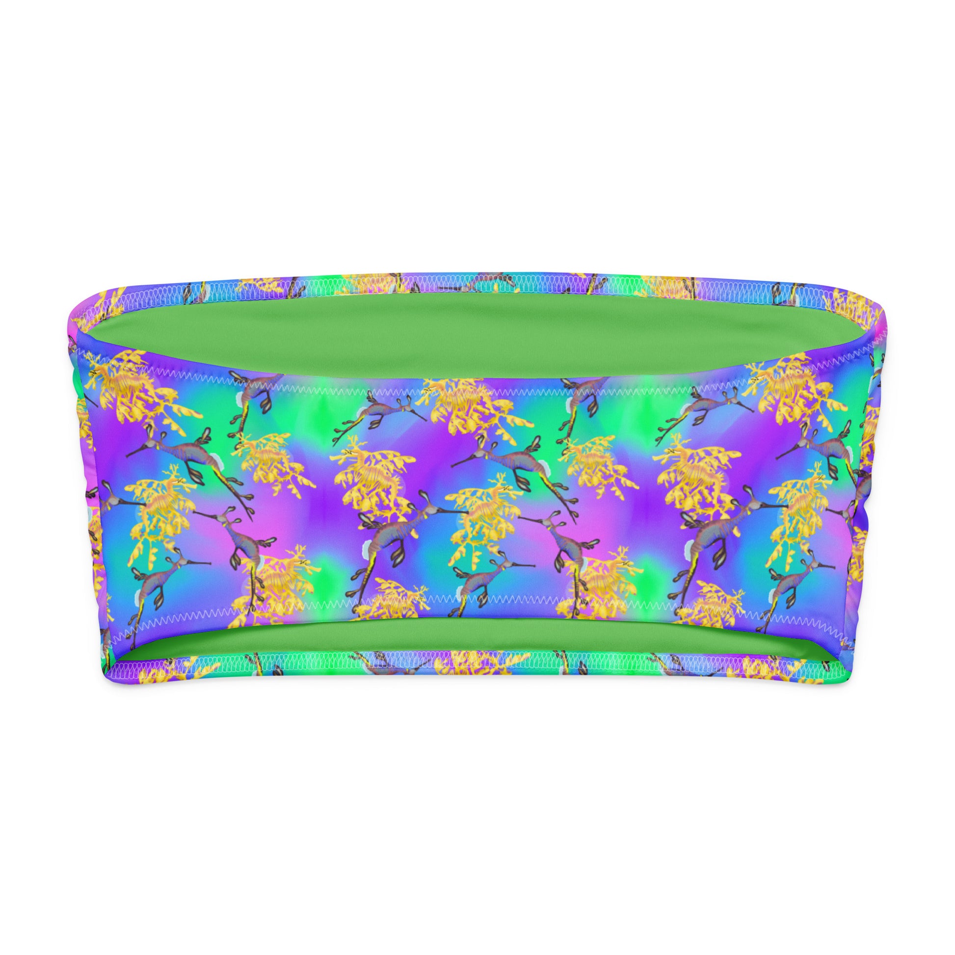 Bandeau bikini top green and purple background with sea dragons
