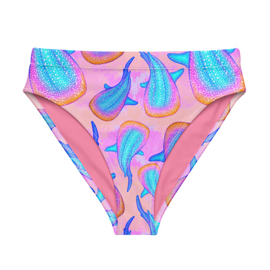 Rainbow whale sharks on pink and purple tie dye background eco high waisted bikini bottom 