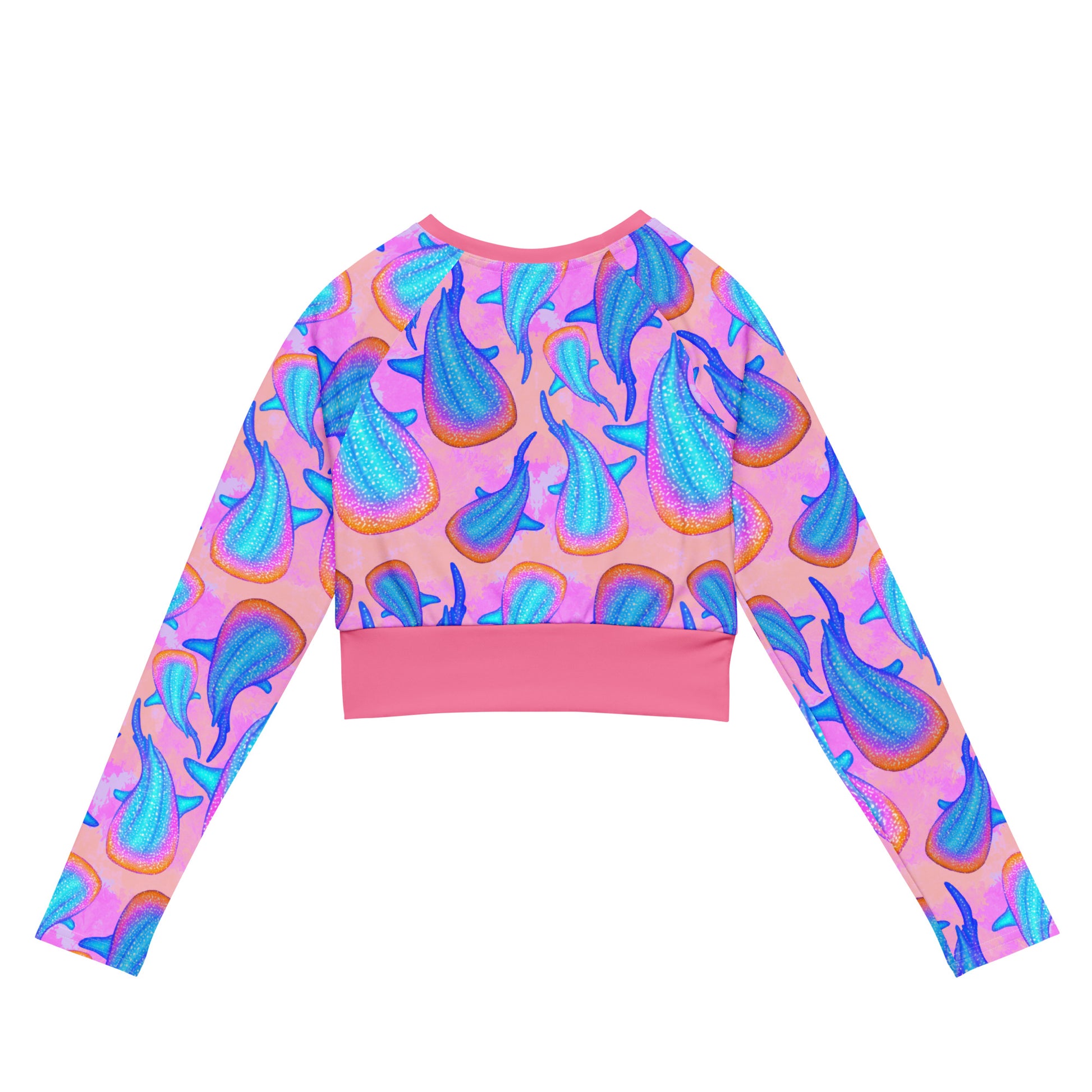 Rainbow whale sharks on a pink and purple background eco long sleeved cropped rashguard 