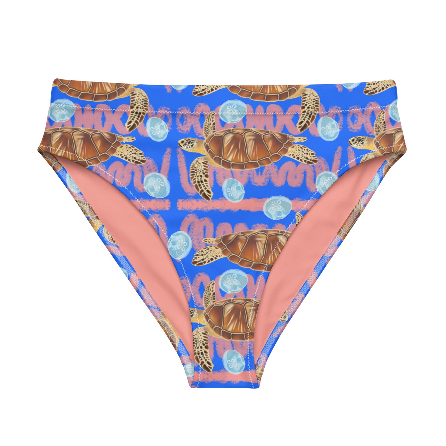 Royal blue and peachy background with sea turtles and moon jellyfish. Eco high waisted bikini bottoms 