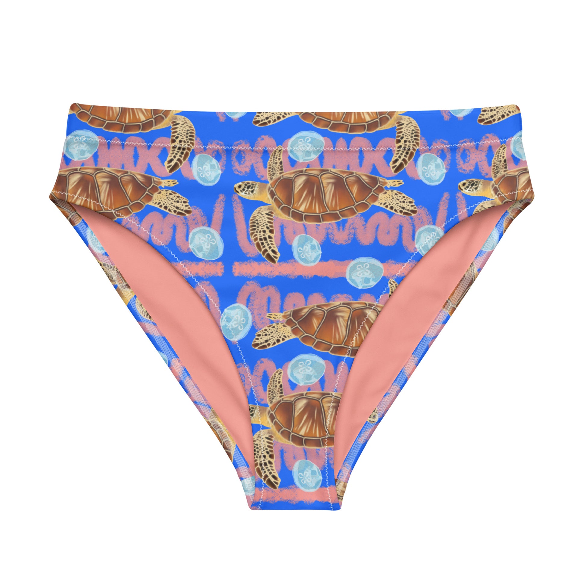 Royal blue and peachy background with sea turtles and moon jellyfish. Eco high waisted bikini bottoms 