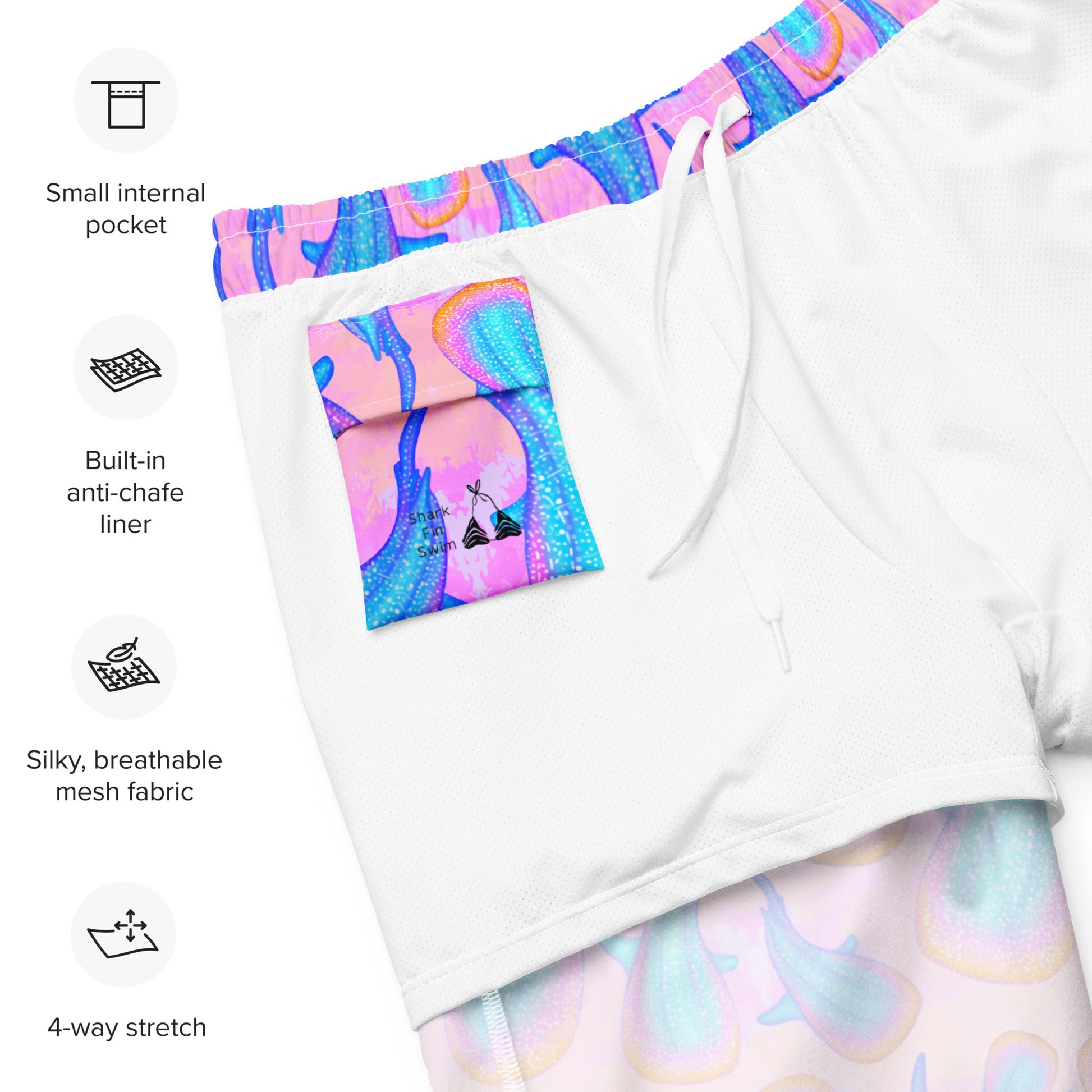 Rainbow whale sharks on a pink and purple background eco swim trunks 