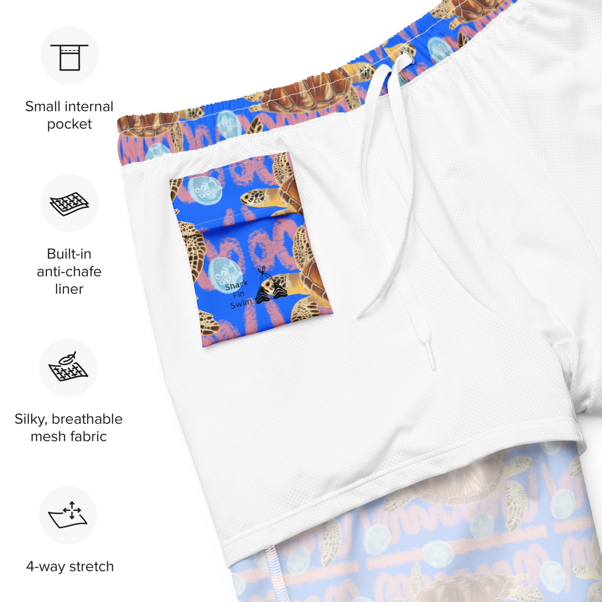 Royal blue and peachy background with sea turtles and moon jellyfish. Eco swim trunks Interior pocket and mesh lining 