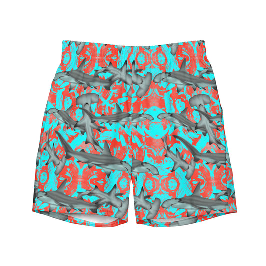 Fin & Fierce Hammerhead sustainable swim trunks blue and red background 