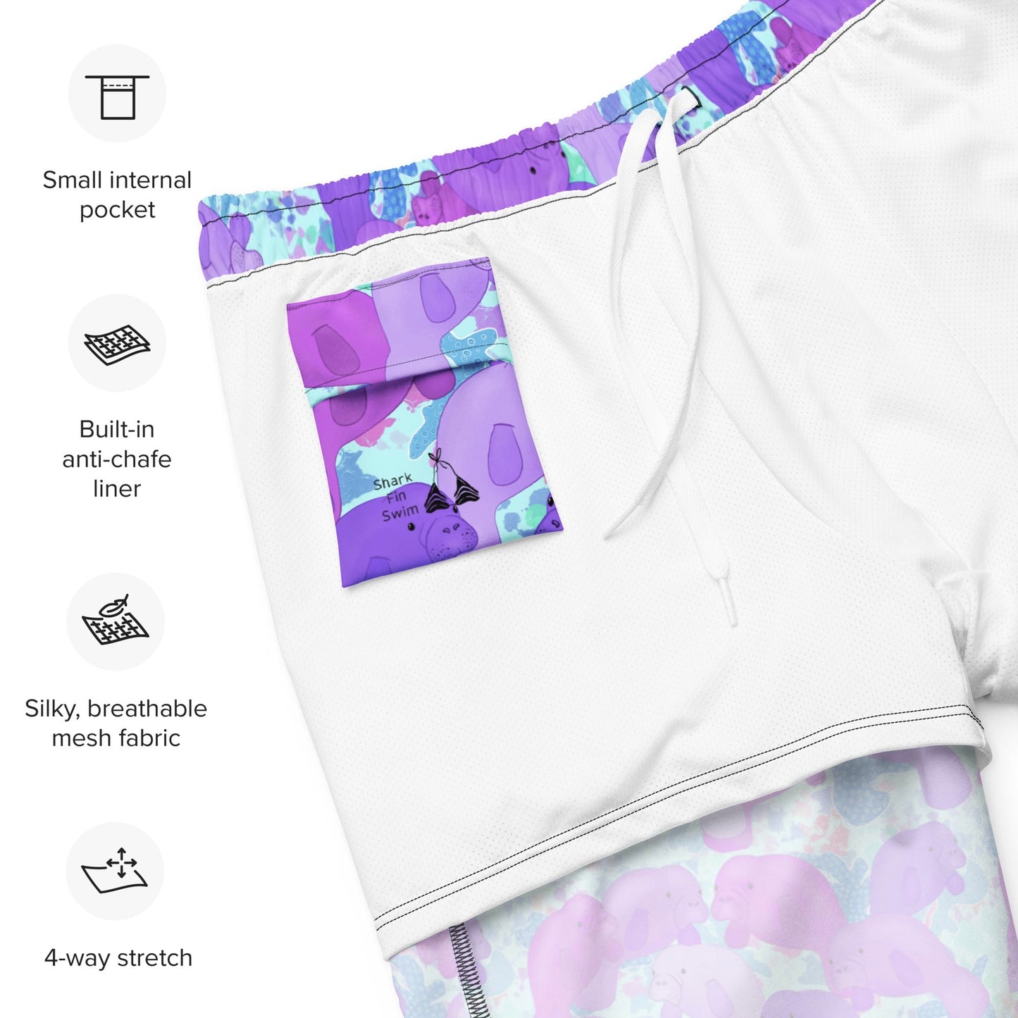 4 Purple manatees on a blue background of a sustainable swim trunks made with recycled fabric 