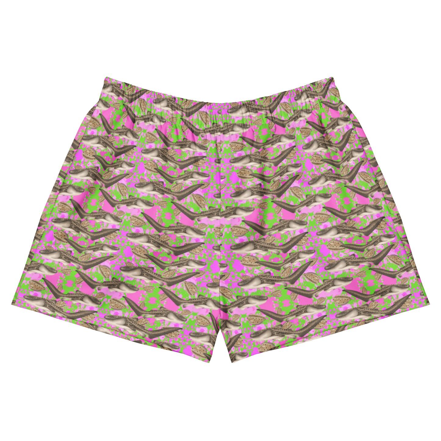Pink and green swim shorts with zebra sharks and cowrie seashells 