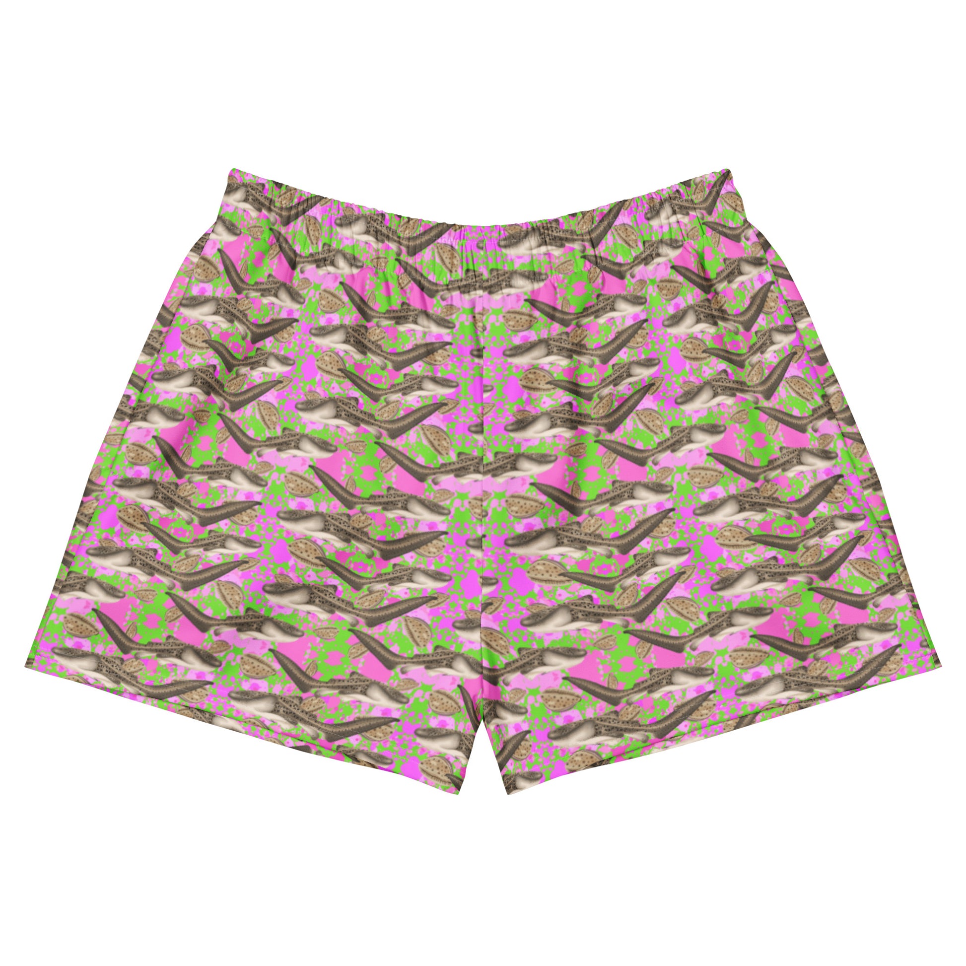 Pink and green swim shorts with zebra sharks and cowrie seashells 