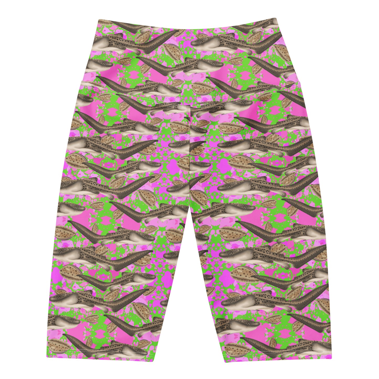 Green and pink bike shorts with zebra sharks 