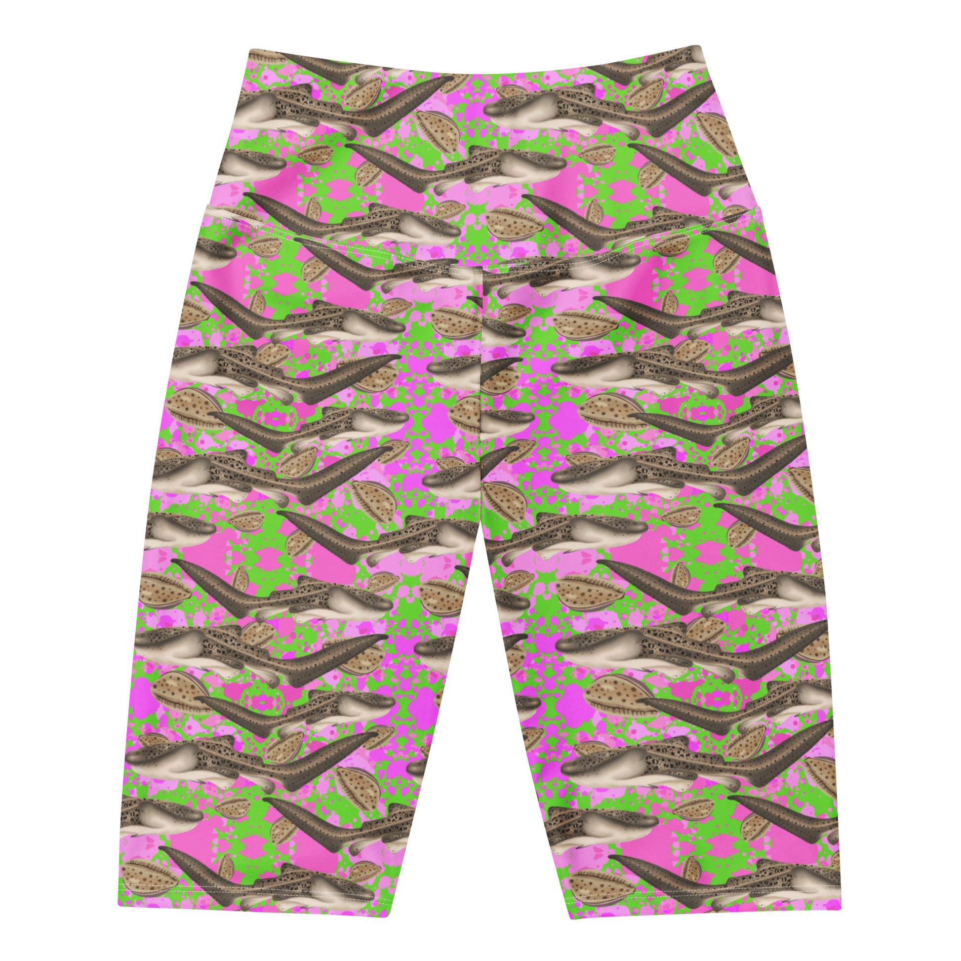 Green and pink bike shorts with zebra sharks 