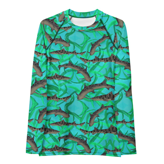 Blue and green long sleeve rashguard with leopard sharks 