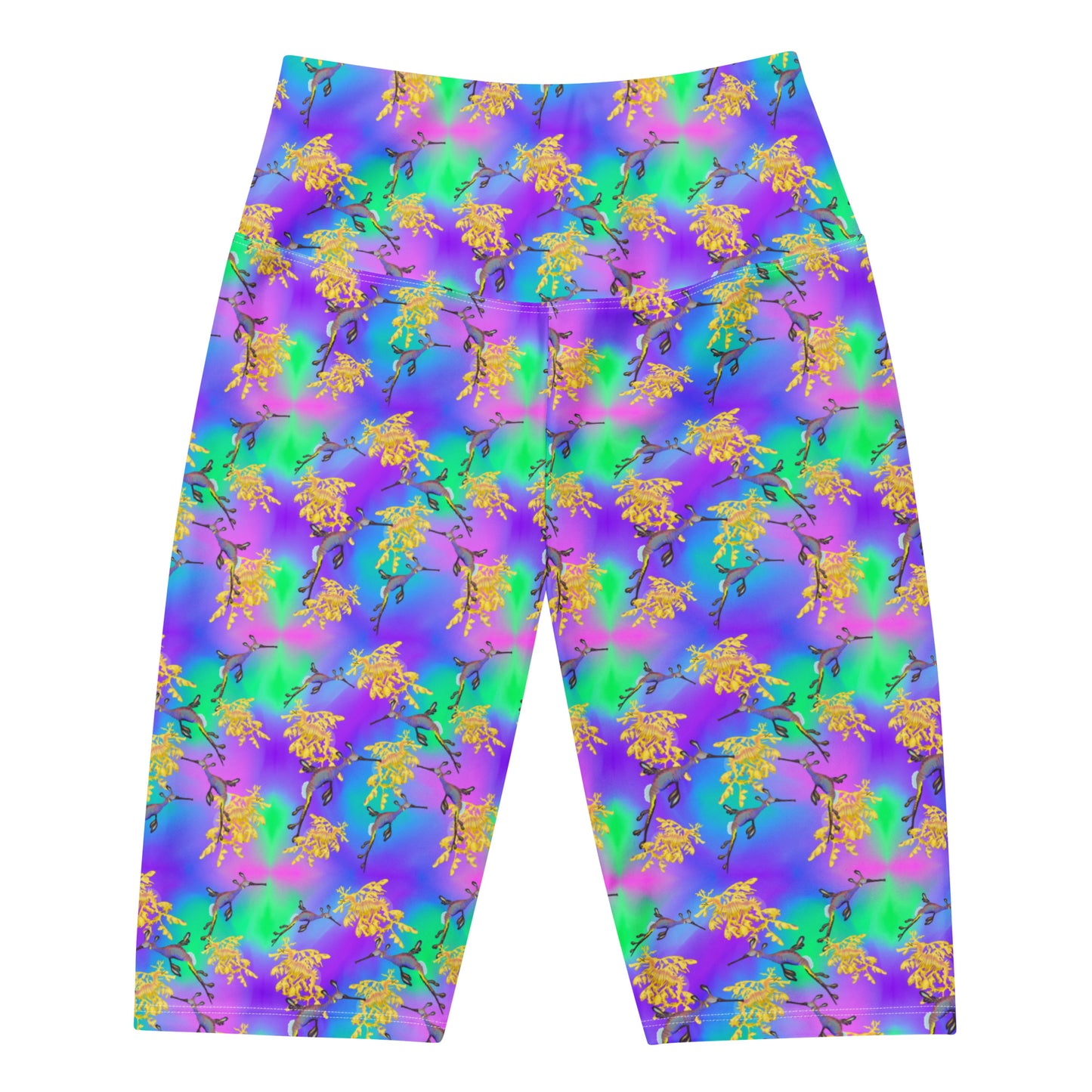 Purple and green bike shorts with sea dragons 