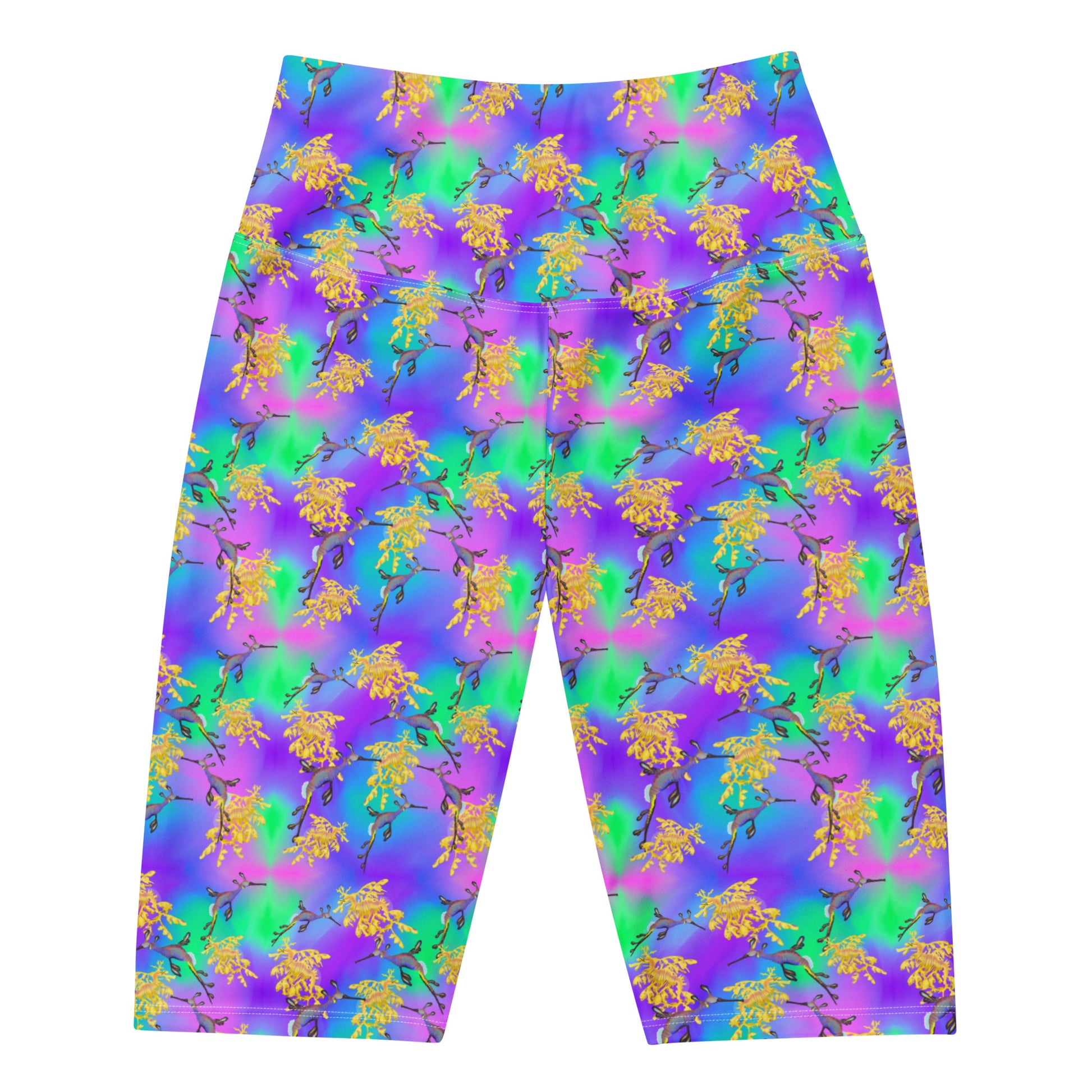 Purple and green bike shorts with sea dragons 