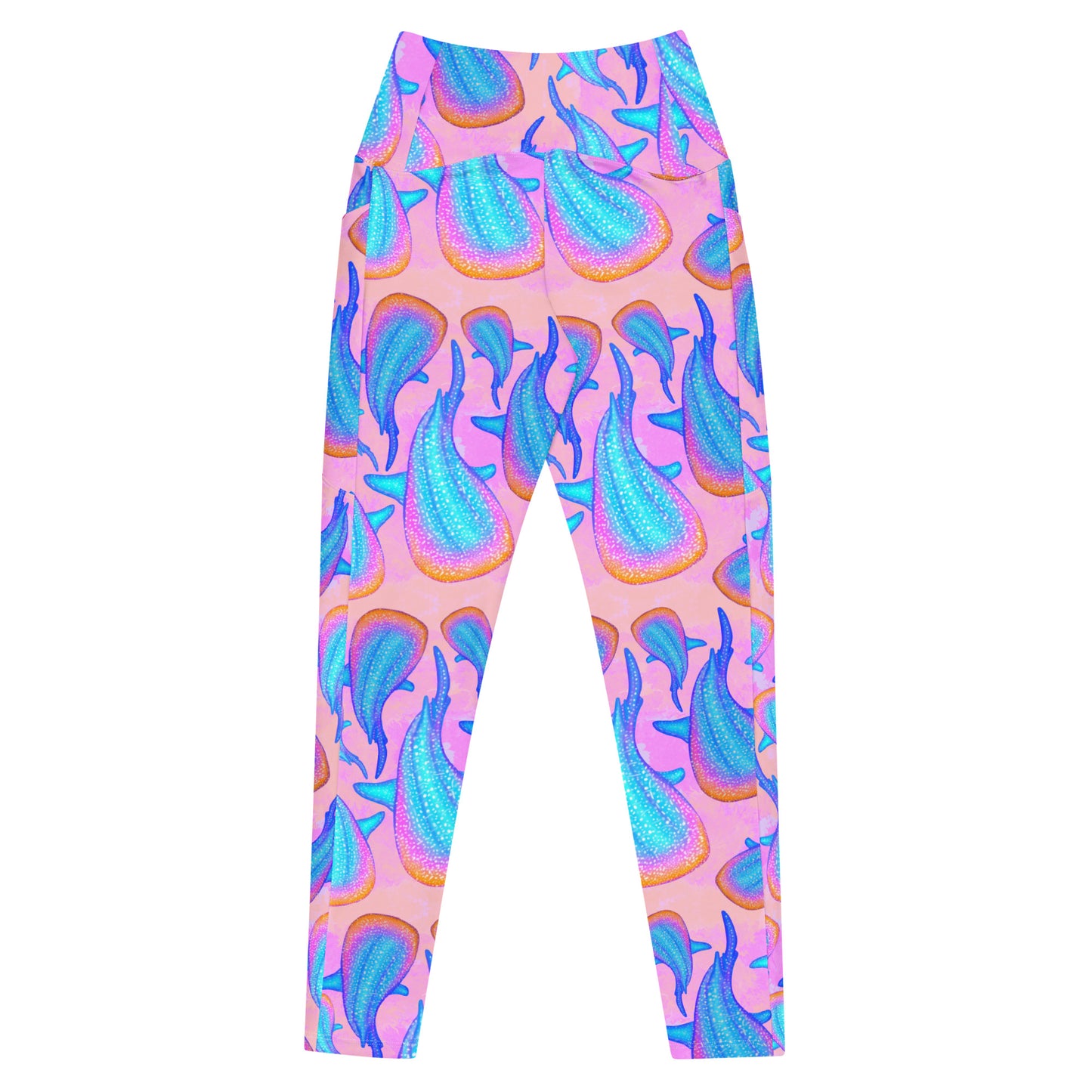 rainbow whale sharks on pink and purple tie dye background eco dive leggings 