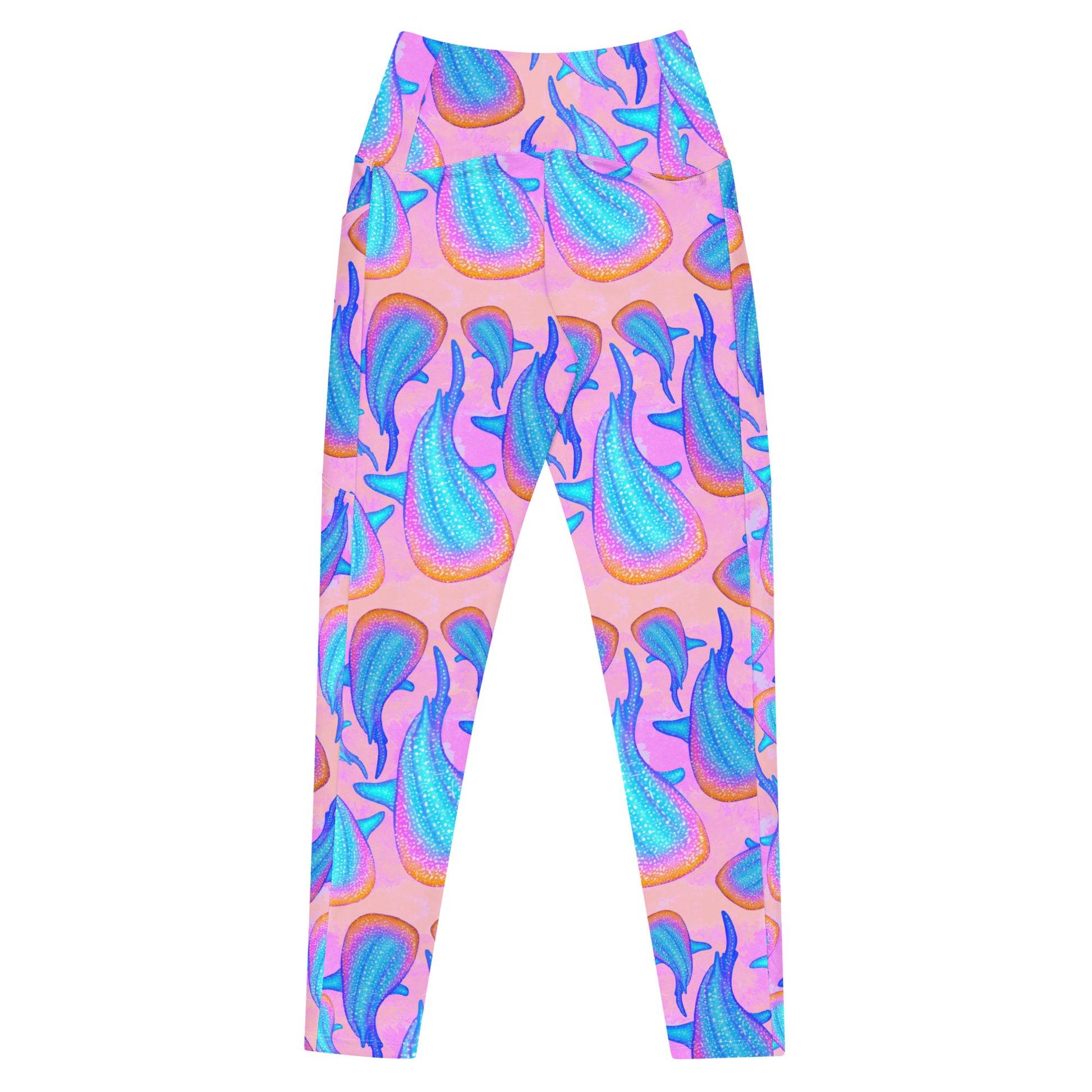 rainbow whale sharks on pink and purple tie dye background eco dive leggings 