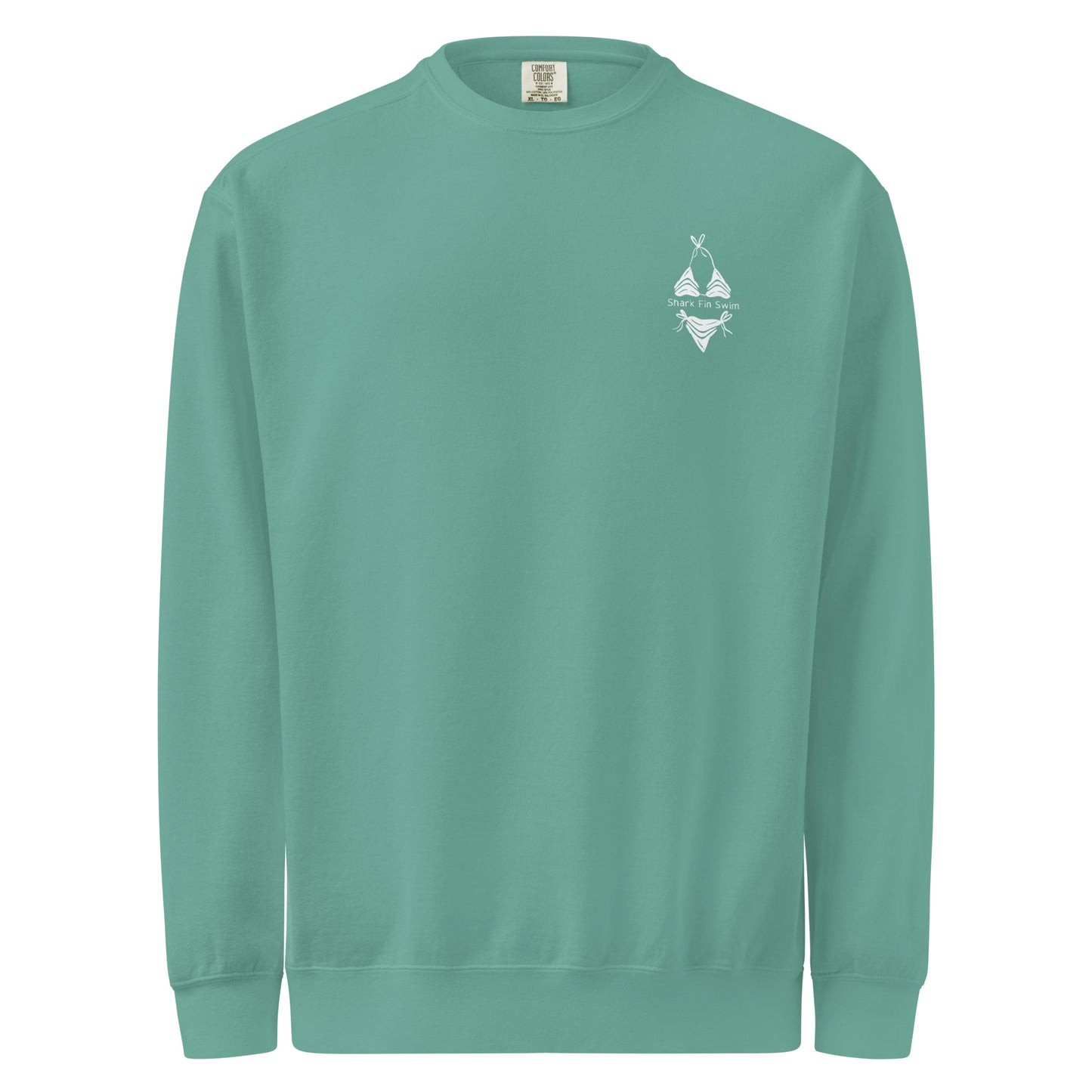 Green sweatshirt with a small white logo on the chest against a white background
