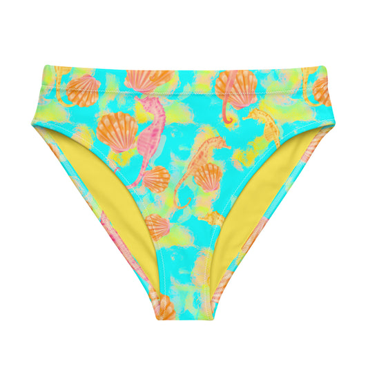 Pink and orange seahorses with sunrise seashells. Light aqua blue and yellow background with a neon yellow band. Eco high waisted bikini bottoms 