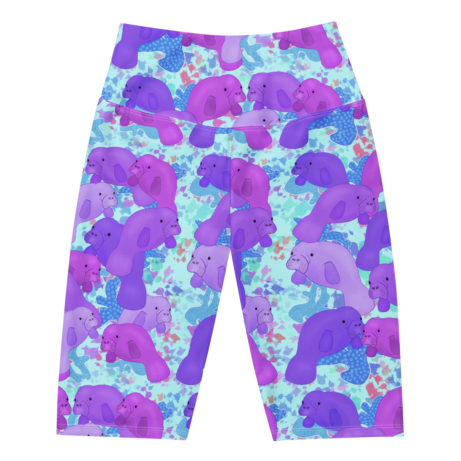 Blue bike shorts with purple manatees 