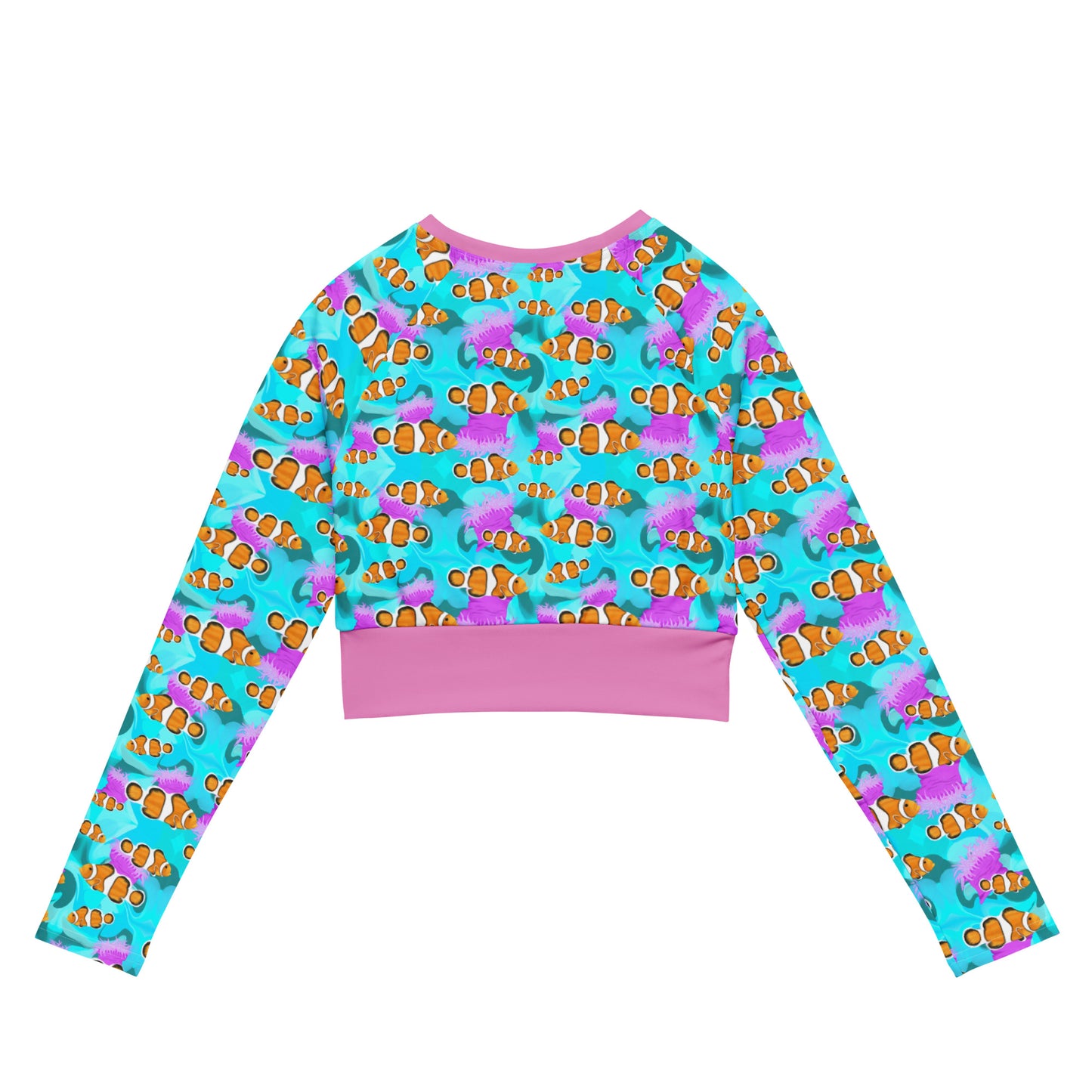 Blue cropped long sleeve rashguard with clownfish and pink anemones 
