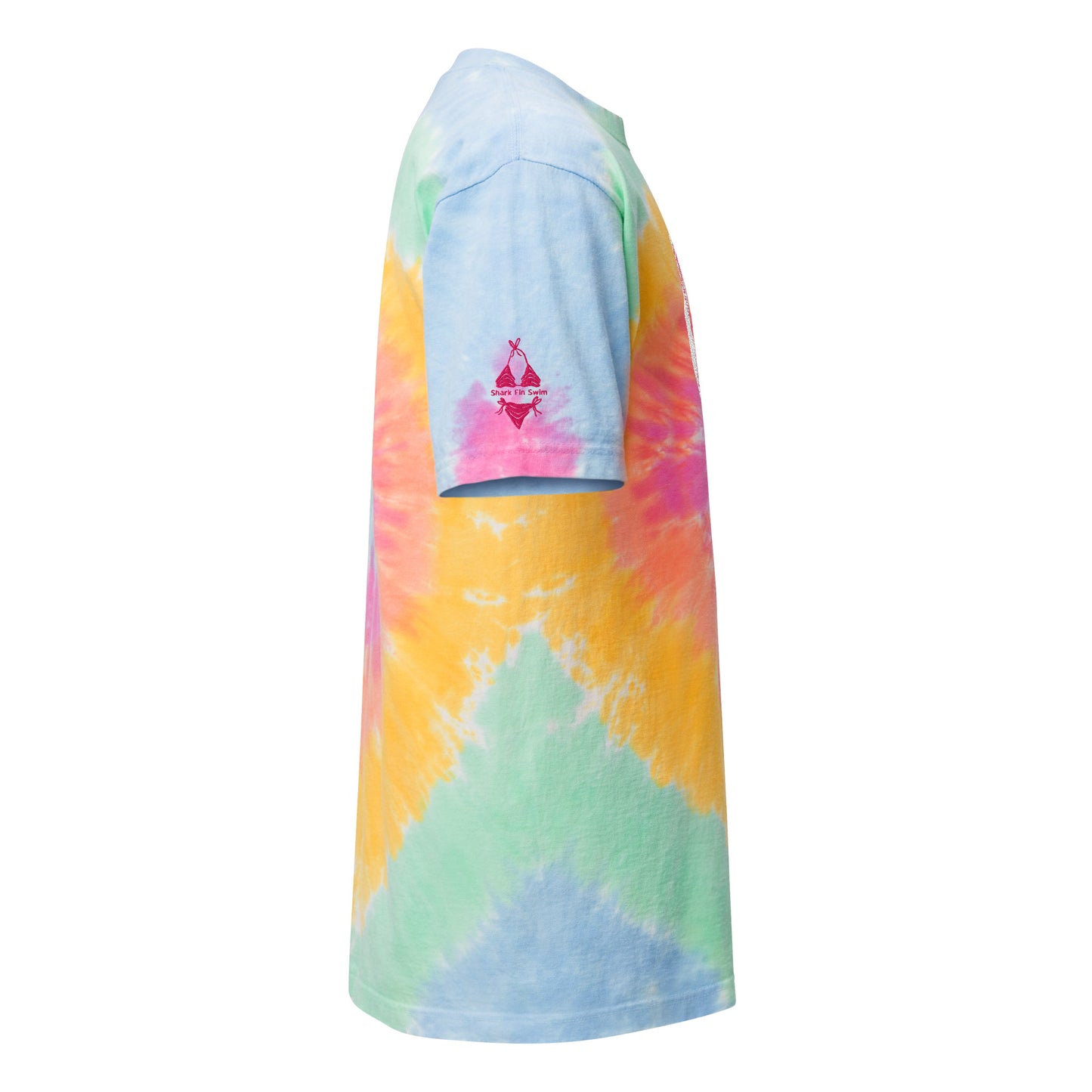 side view of a rainbow swirl tie dye shirt with a link logo on the sleeve 