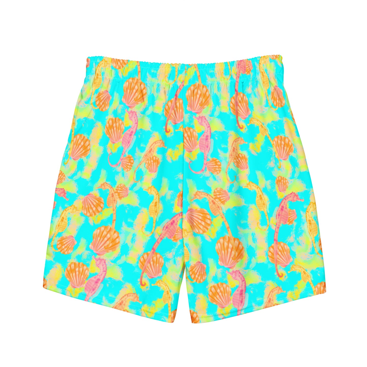 Pink and orange seahorses with sunrise seashells. Light aqua blue and yellow background with a neon yellow band. Eco swim trunks 