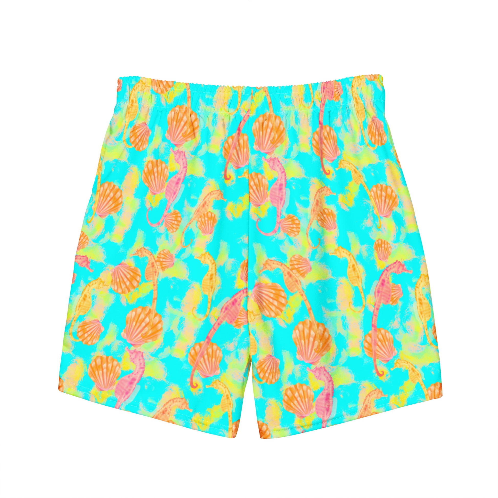 Pink and orange seahorses with sunrise seashells. Light aqua blue and yellow background with a neon yellow band. Eco swim trunks 