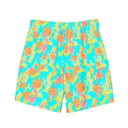 Pink and orange seahorses with sunrise seashells. Light aqua blue and yellow background with a neon yellow band. Eco swim trunks 
