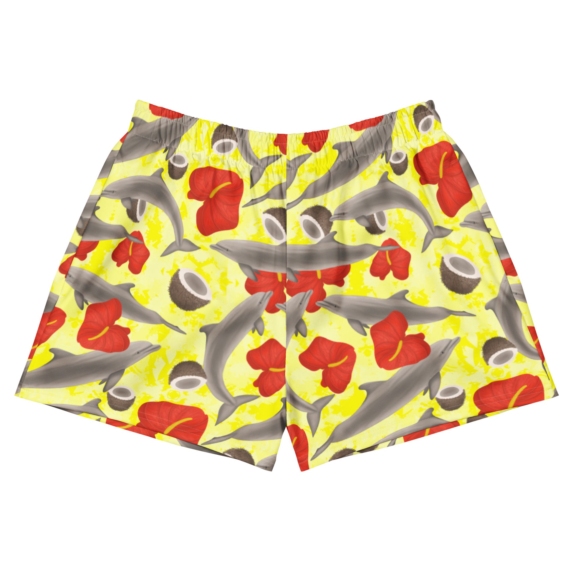 Yellow unisex swim shorts with dolphins and red flowers 