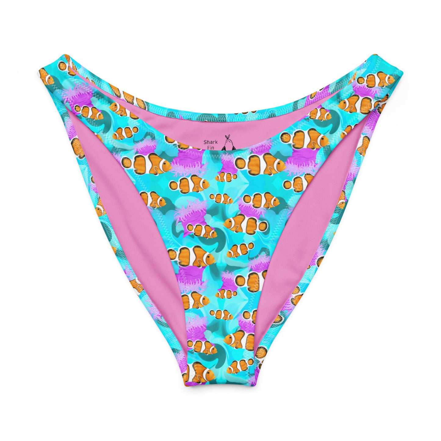Colorful bikini bottom with clownfish pattern on a white background